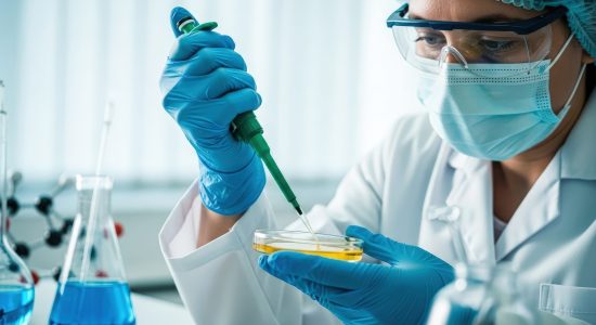 Scientist in protective gear using a pipette to transfer liquid into a petri dish during a laboratory experiment for medical research